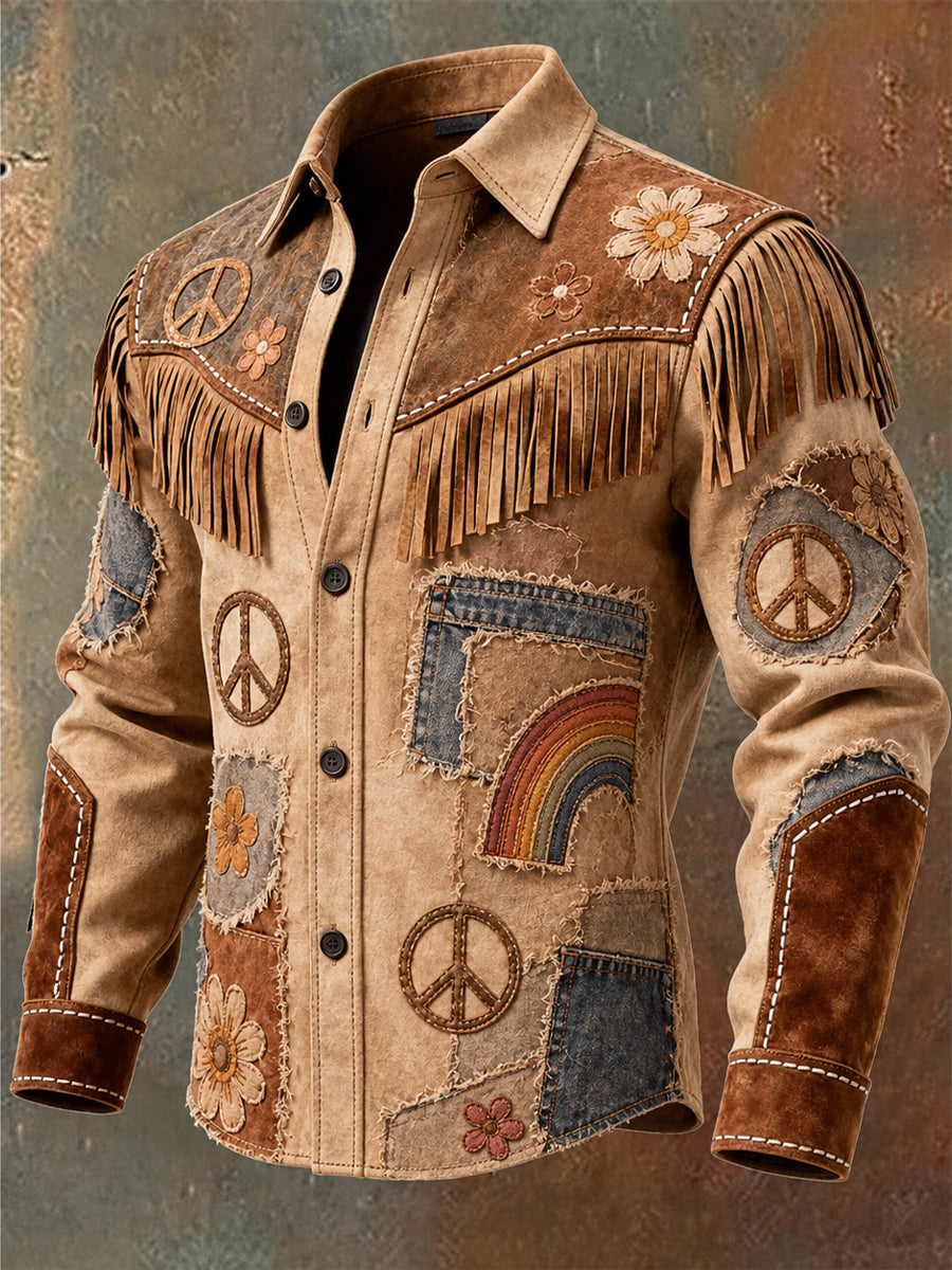 Men's Retro Hippie Art Print Western Vintage Tassel Casual Long Sleeve Shirt